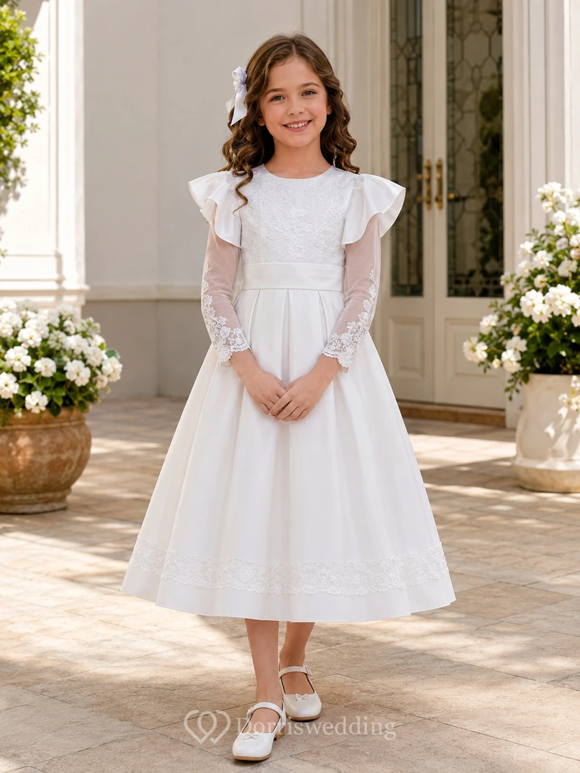 Weißes, abnehmbares Ärmelspitzenkleid in Teelänge für Kommunion und Blumenmädchen