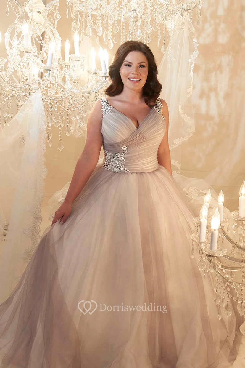 Ball Gown V-Neck Beaded Sleeveless Tulle Plus Size Princess Wedding Dress With Criss Cross And Lace Up view 3