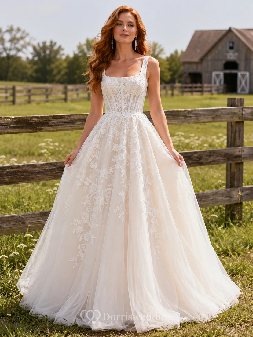 Robe de mariée de style western rustique à bretelles en dentelle, style bal