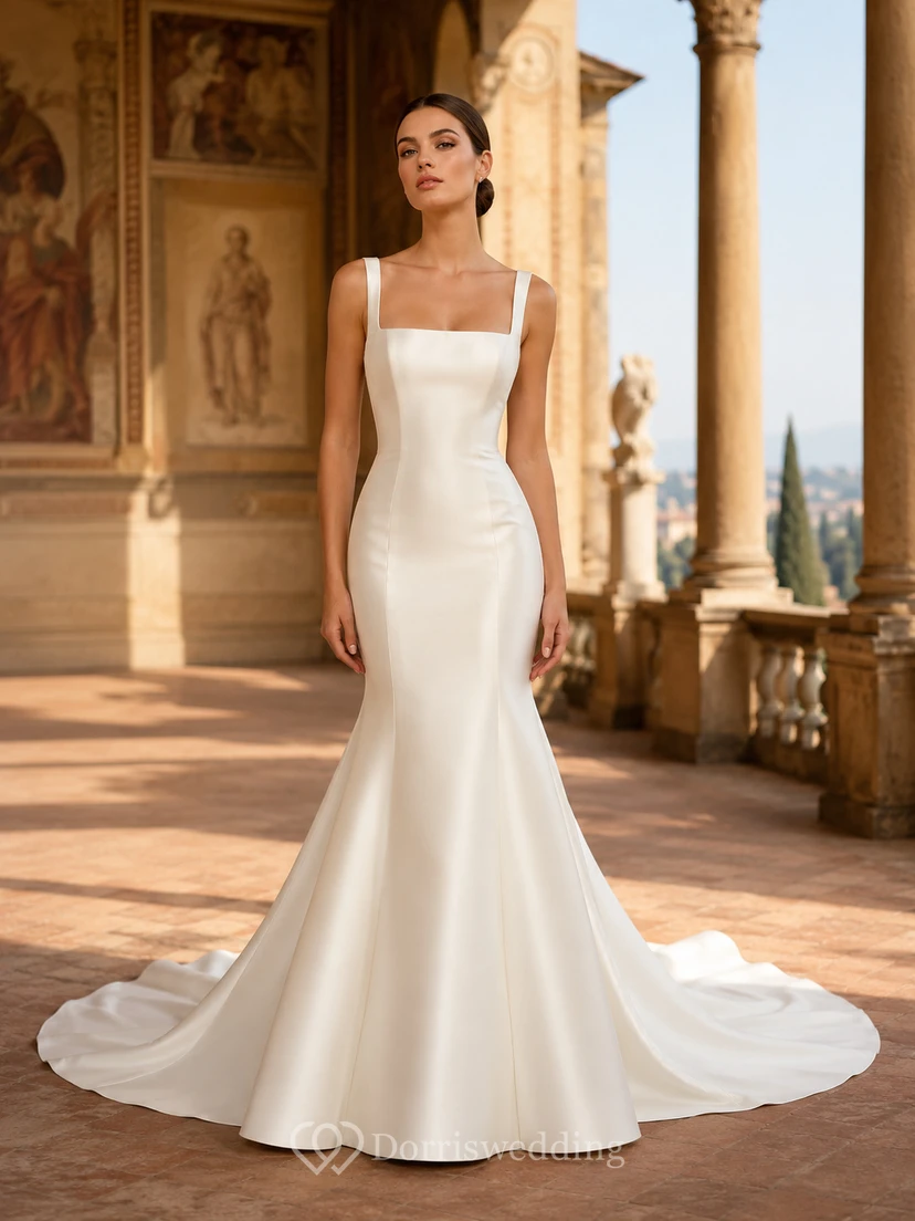 Robe de mariée sirène en satin à bretelles carrées et fermeture éclair au dos, style moderne, pour une destination de mariage
