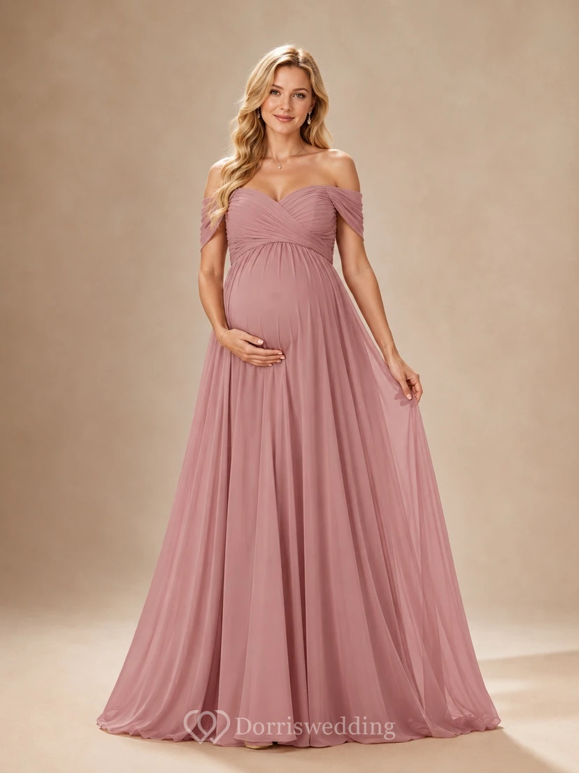 Dusty Rose Maternity Off-Shoulder A-Line Floor-Length Short-Sleeve Chiffon Romantic Evening Gown