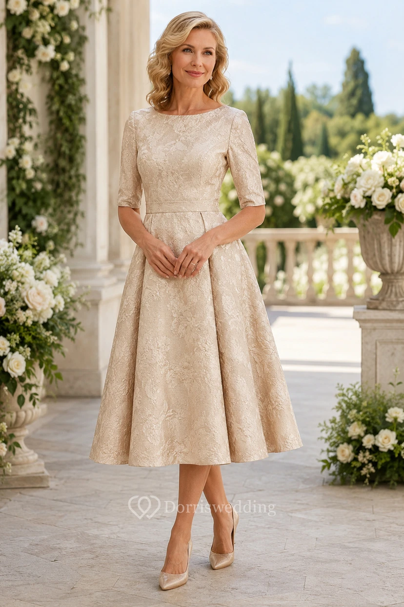 Robe de mère en dentelle couleur champagne, longueur thé, coupe trapèze