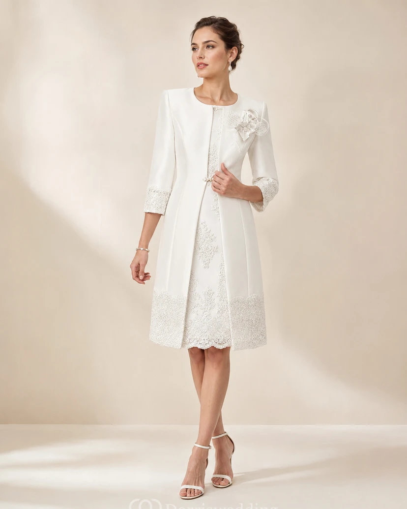 Jewel A-line Knee-length 3-4 Length Sleeve Satin Mother of the Bride Dress with Zipper Back view 13