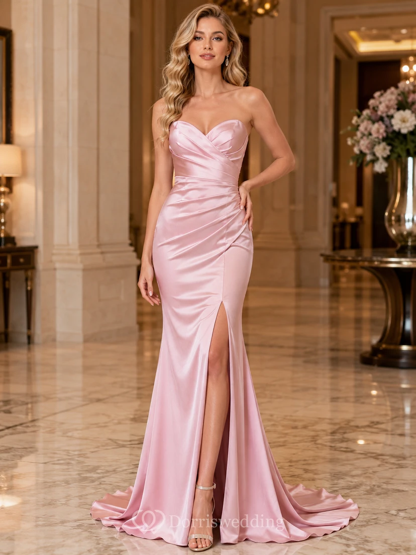 Blush Strapless Satin Mermaid Slit Formal Dress