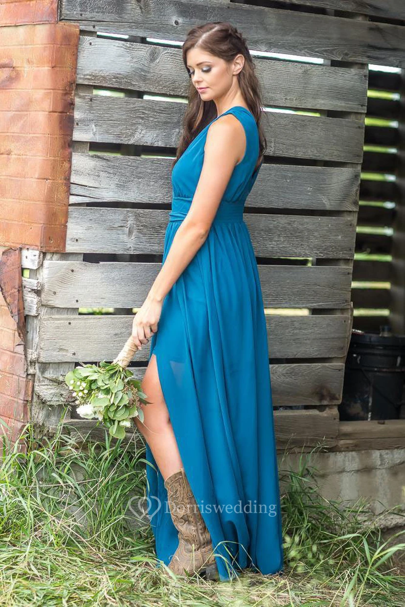 Chiffon V-neck Sleeveless Bridesmaid Dress with Front Slit view 4