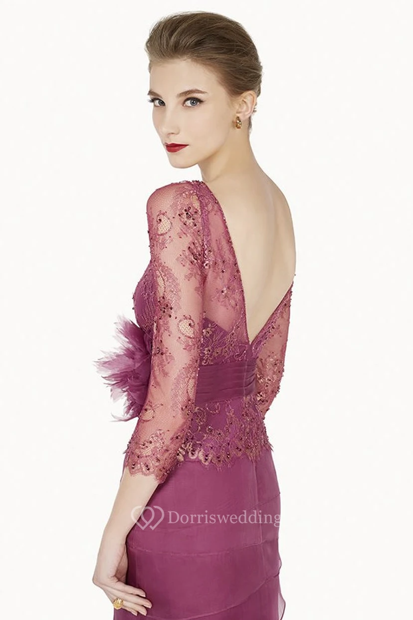 Sheath 3-4-Sleeve Floor-Length Floral Scoop-Neck Chiffon Prom Dress With Embroidery view 2