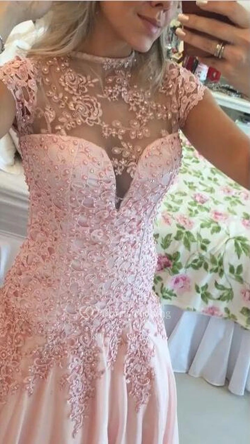 Delicate Pink Lace Appliques Prom Dress Sweep Train view 3