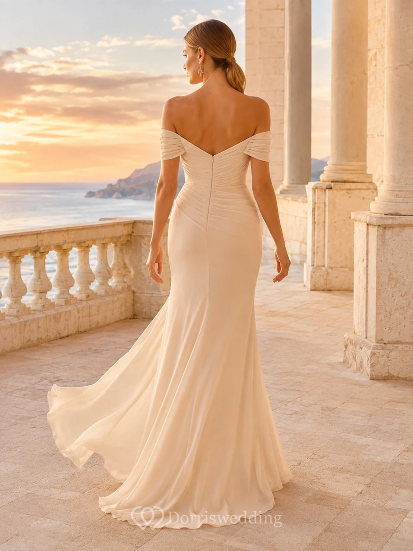 Elegant Satin Mermaid Chapel Train Off-Shoulder Strapless Wedding Dress view 2