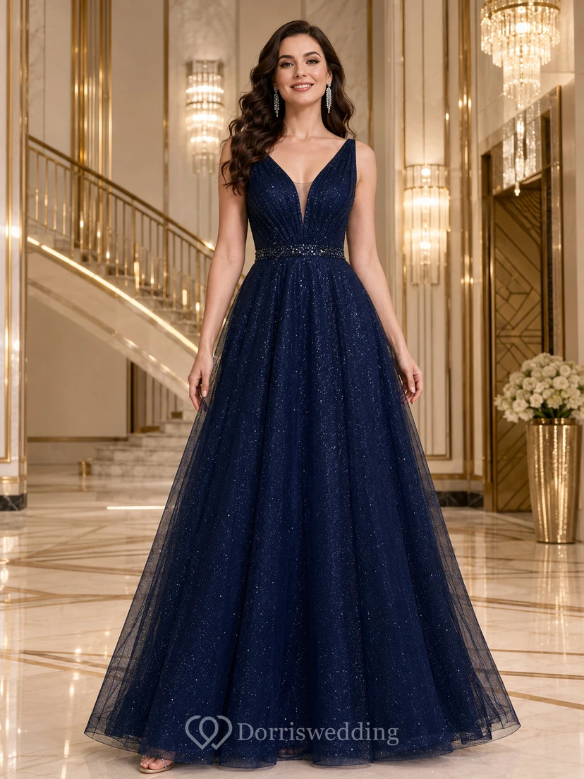 Dark Navy V-Neck Tulle A-Line Floor Length Formal Dress