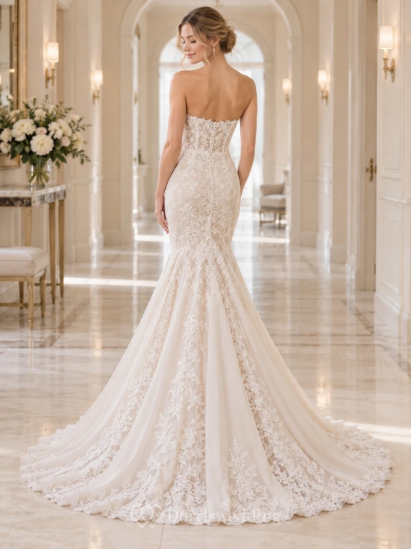 Meerjungfrauen-Brautkleid, trägerlos, mit Herzausschnitt, floraler Spitze, Satin-Einsatz und Schleppe view 2