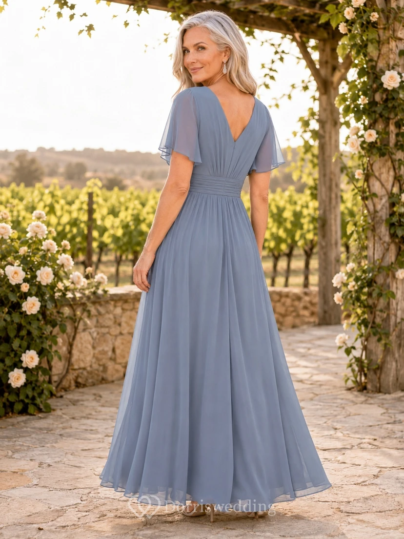 Steel Blue V-Neck Flutter Sleeve Chiffon A-Line Ankle-Length Vow Renewal Dress view 2