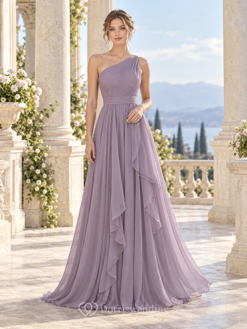 Ethereal Mauve One-Shoulder Ruched Ruffle Chiffon A-Line Long Bridesmaid Dress