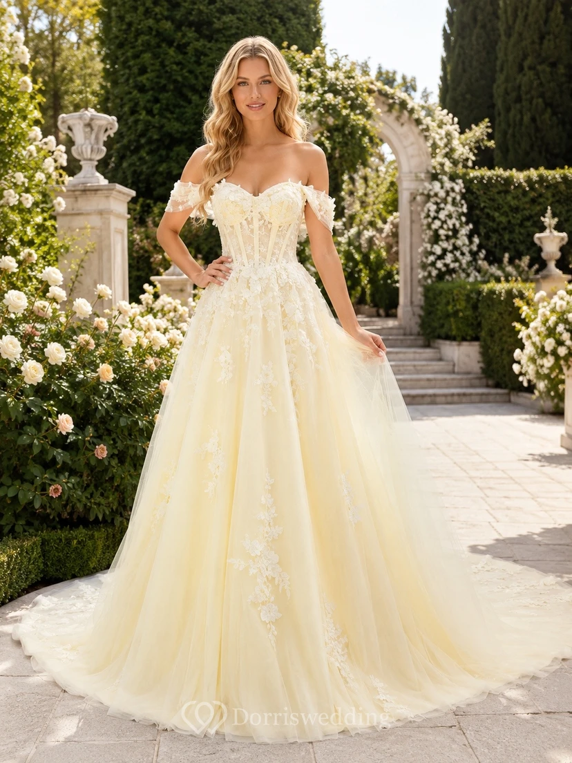 Vestido de novia elegante de estilo bohemio romántico con hombros descubiertos, edición C, corte A y encaje.