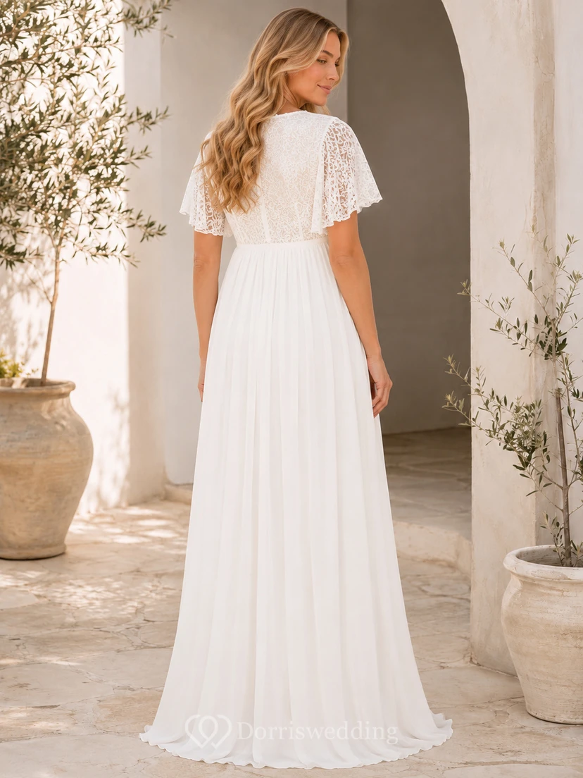 White Maternity V-Neck Lace Flutter Sleeve Chiffon Floor Dress Garden view 2