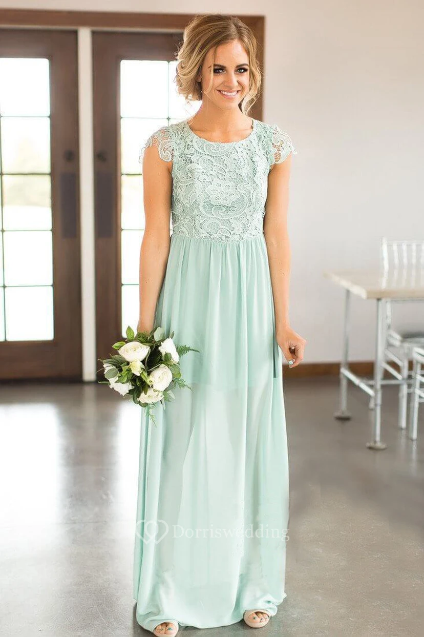 Chiffon Scoop-neck Cap-sleeve Long Bridesmaid Dress with Applique