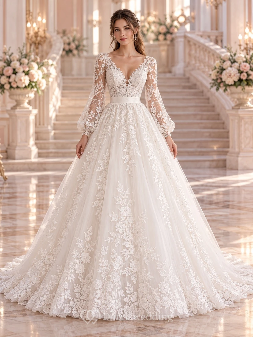 Long Poet Sleeve Plunging Lace Tulle Full A-Line Wedding Dress