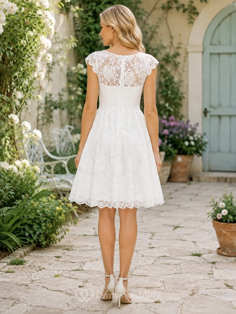 White Lace Scalloped Cap Sleeve A-Line Knee-length Vintage Romantic Country Garden Cocktail Dress view 2