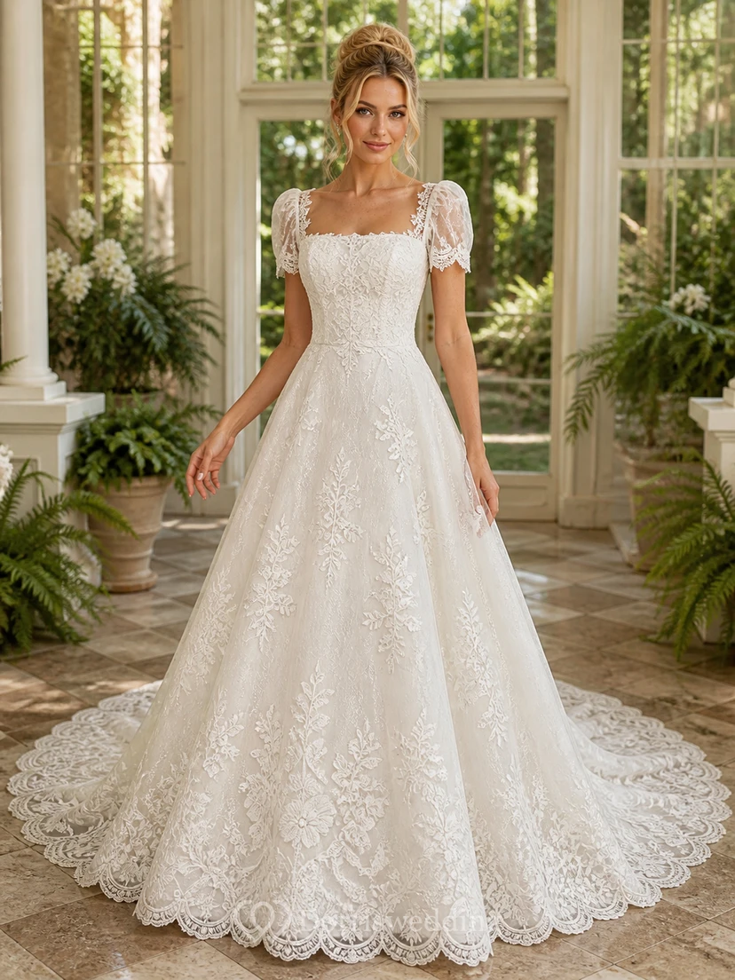 Vestido de novia vintage de manga corta, corte A, escote cuadrado, encaje floral de invernadero y cola catedral
