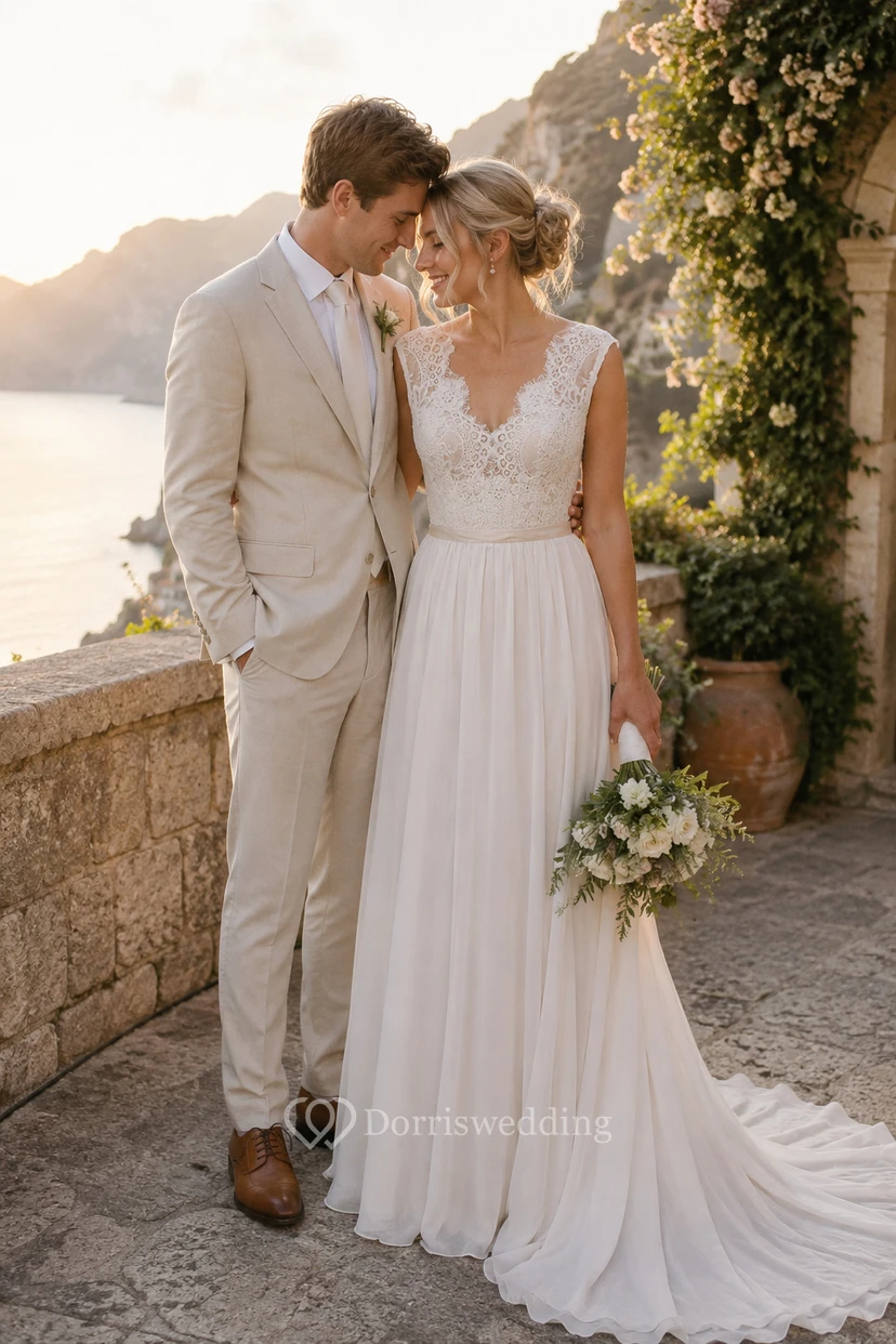 Robe de mariée en mousseline sans manches à col en V avec corsage et traîne.