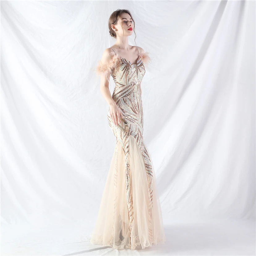 Crafted Ostrich Feather Stacked Sequins Splicing Mesh Gauze High-End Evening Dress Clothes view 55