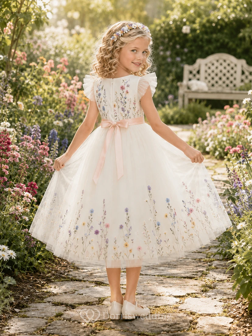 Romantisches Outdoor-Gartenkleid aus Tüll mit floraler Stickerei und knielangen Blütenärmeln view 2