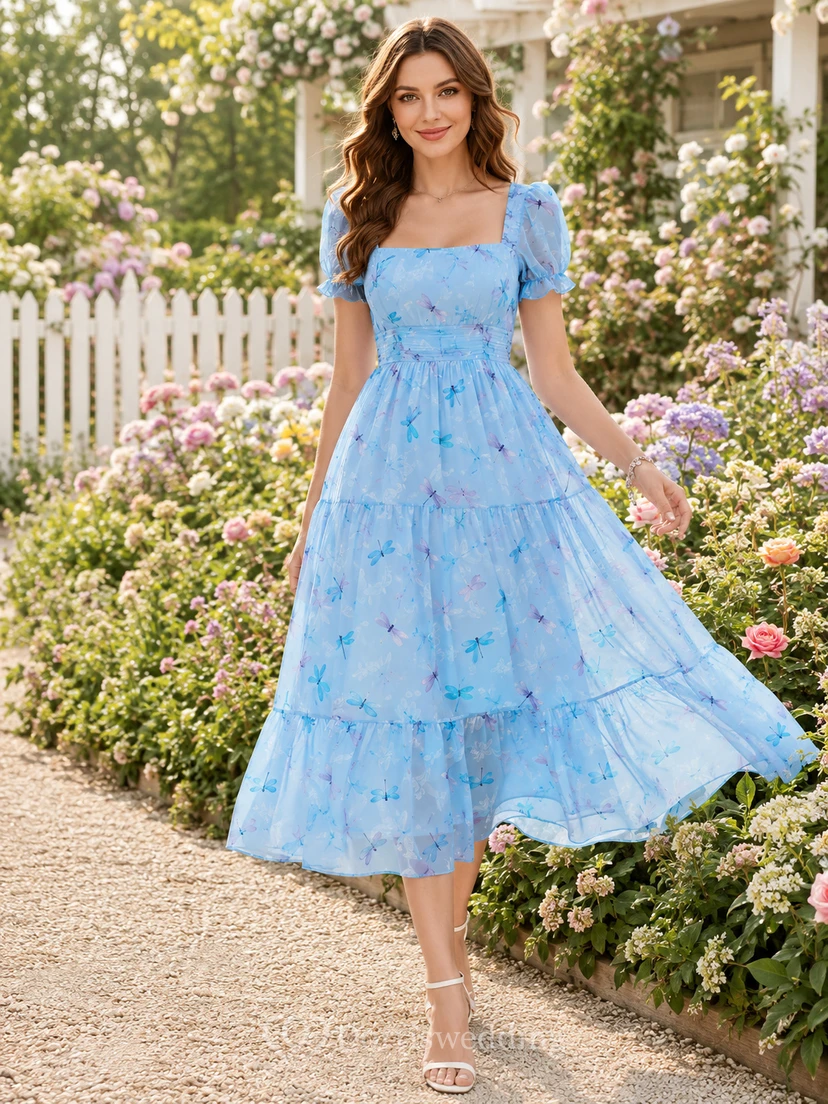 Vestido midi escalonado con cuello cuadrado y mangas abullonadas con estampado de libélulas azules