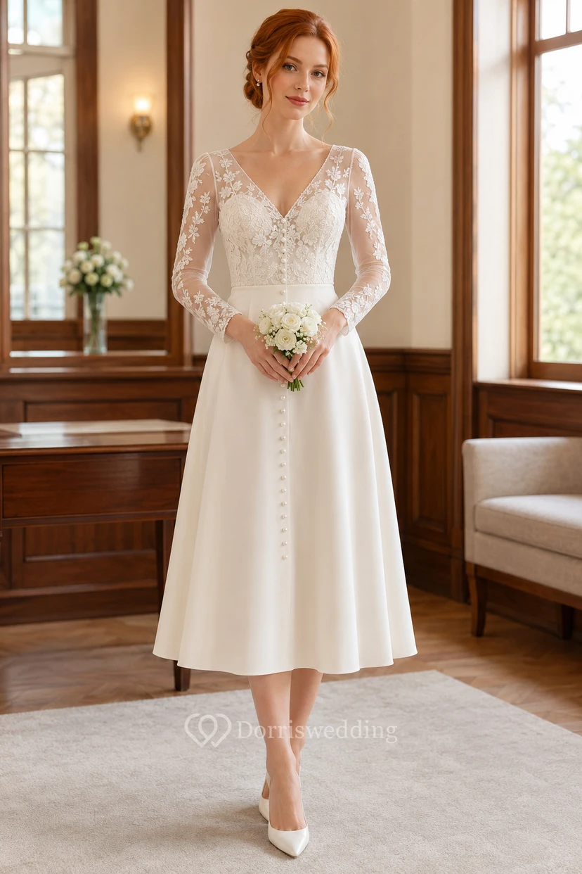 Robe de mariée mi-longue à manches longues avec corsage en dentelle illusion
