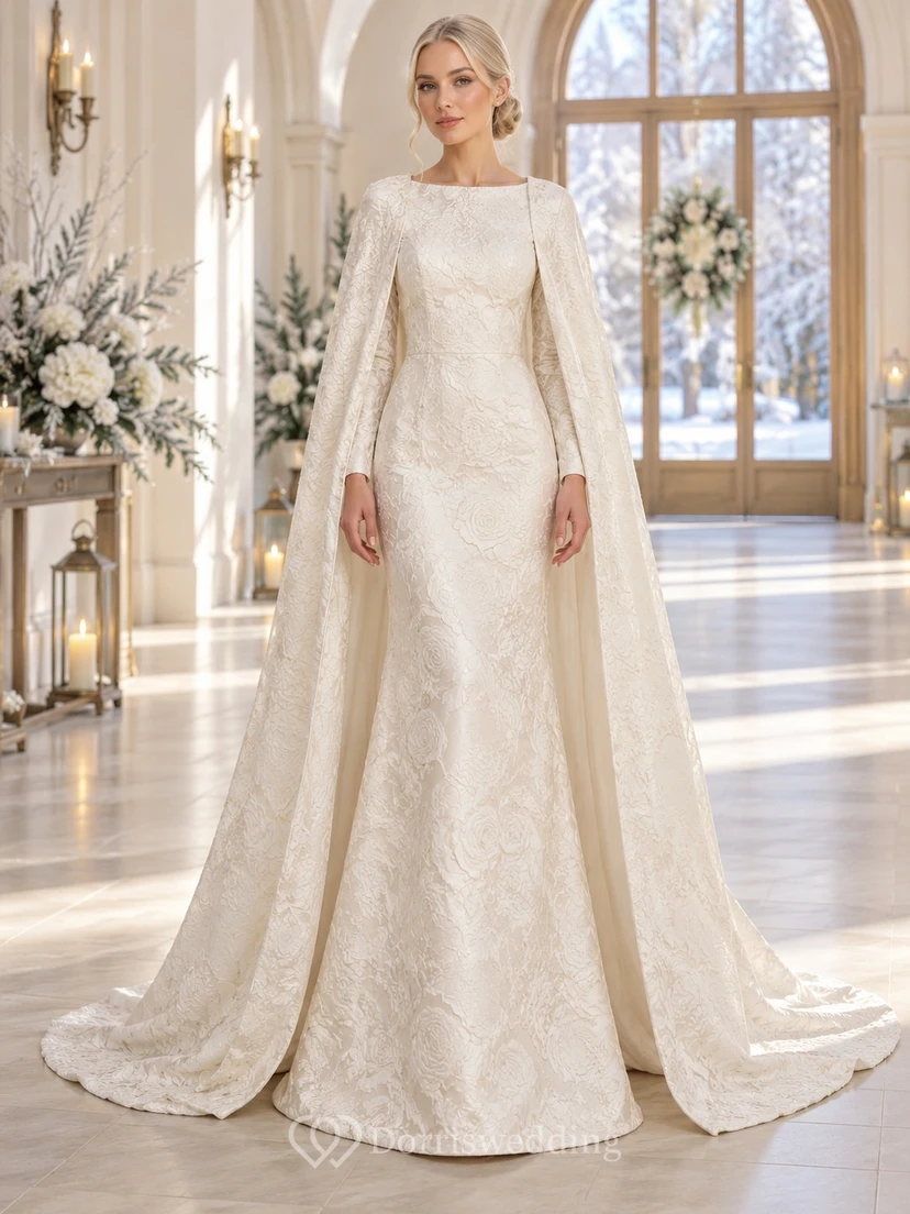 Modest Long Sleeve Winter Bateau Neck Patterned Brocade Cape Sheath Wedding Dress