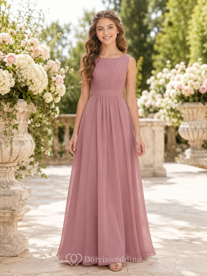 Vestido de dama de honor juvenil color rosa empolvado, corte A, escote barco, sin mangas