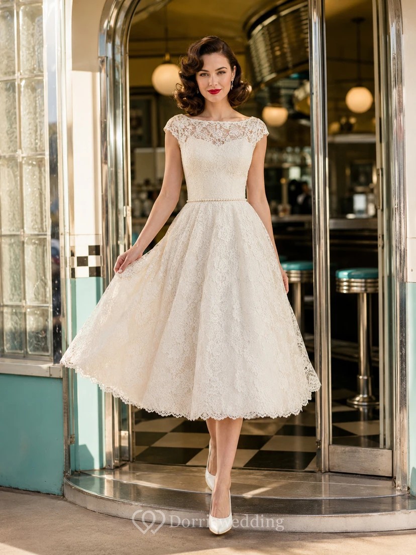 Illusion Cap Sleeve Lace Tea Length Retro Bridal Dress