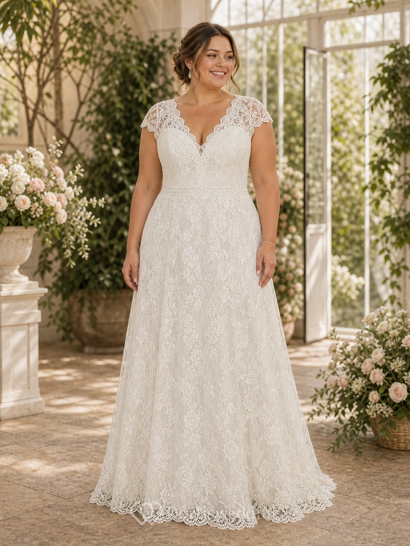 Vintage-Hochzeitskleid mit Spitze und Empire-Kappe in Elfenbeinweiß view 3