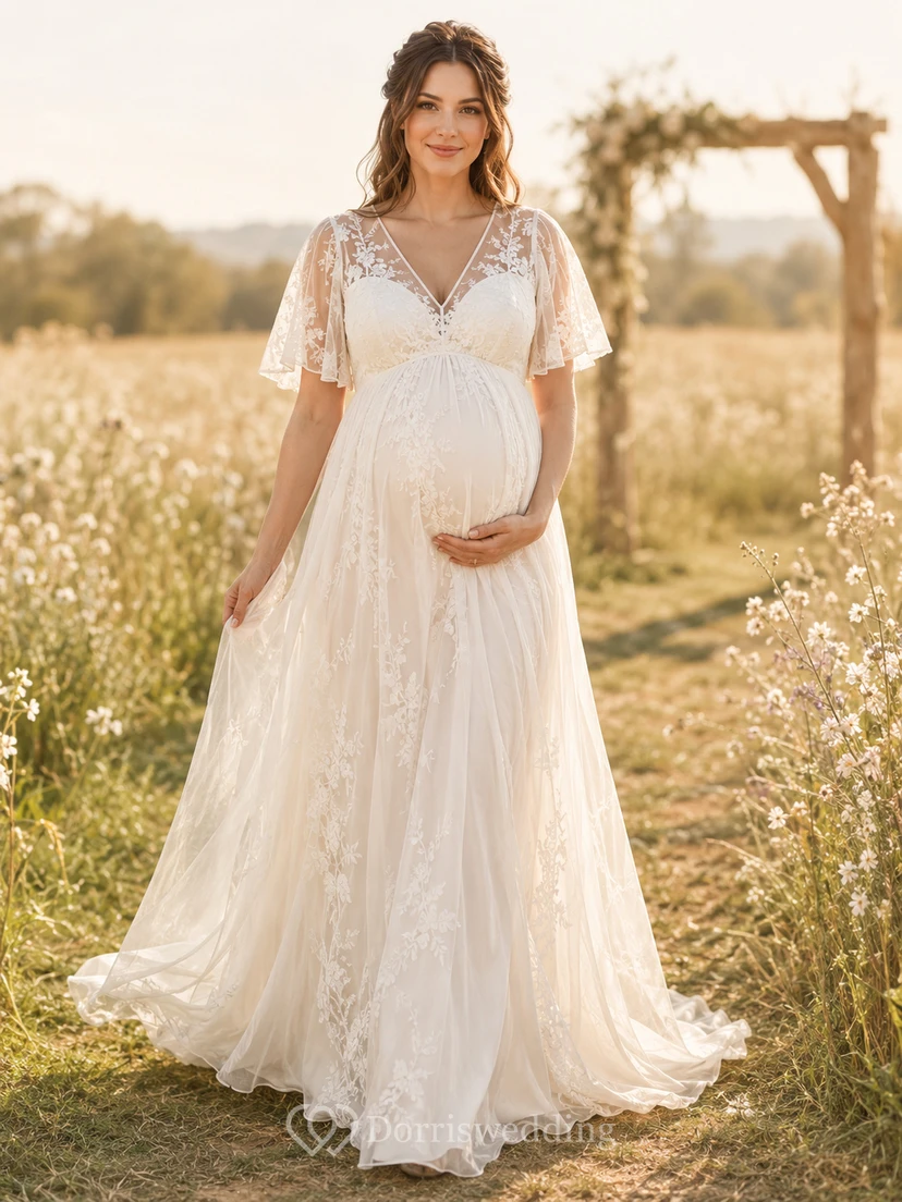 Robe de mariée de maternité en mousseline de soie, coupe trapèze, col en V, manches papillon, dentelle, longueur au sol