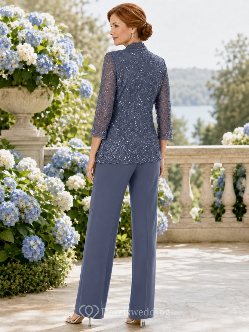 Schieferblauer, luxuriöser Dreiviertel-Hosenanzug mit Spitzenbesatz, weitem Bein, Muschelkanten und bodenlanger Hose – perfekt für die Mutter der Braut. view 2