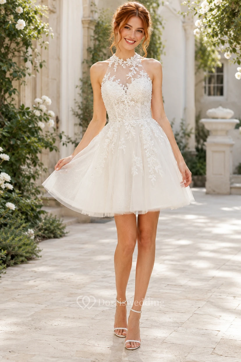 Robe de mariée mini trapèze en dentelle dos nu