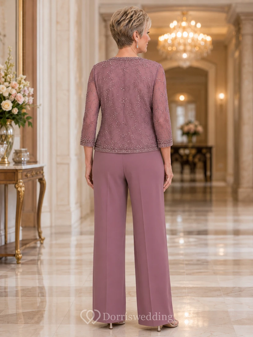 Vintage-Jumpsuit in Mauve mit Mauve-farbenem Oberteil aus Spitze mit Rundhalsausschnitt und weit geschnittener Hose view 2