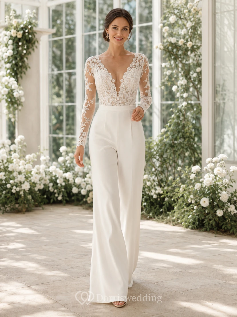 Romantic V-Neck Long Illusion Sleeve Lace Satin Wide Leg Bridal Wedding Jumpsuit