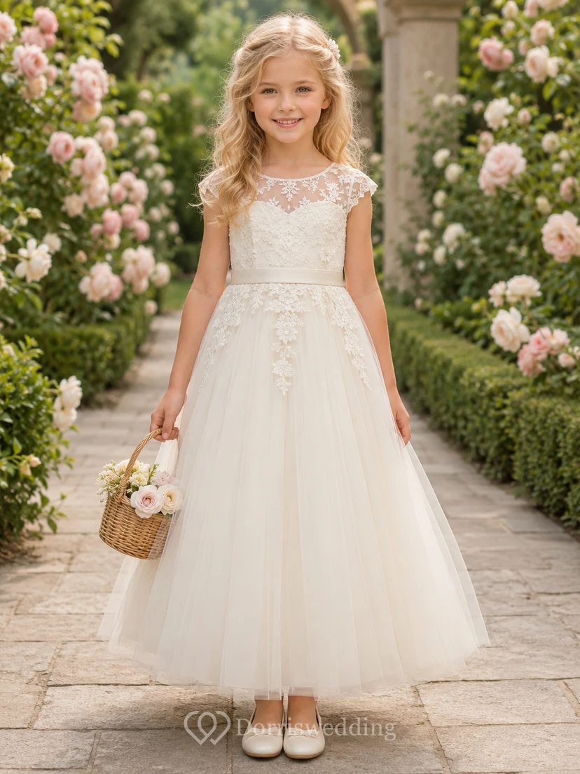 Ivory Ankle-Length A-Line Flower Girl Dress with Illusion Scoop Neck, Lace Cap Sleeves, Button Back and Bow Sash