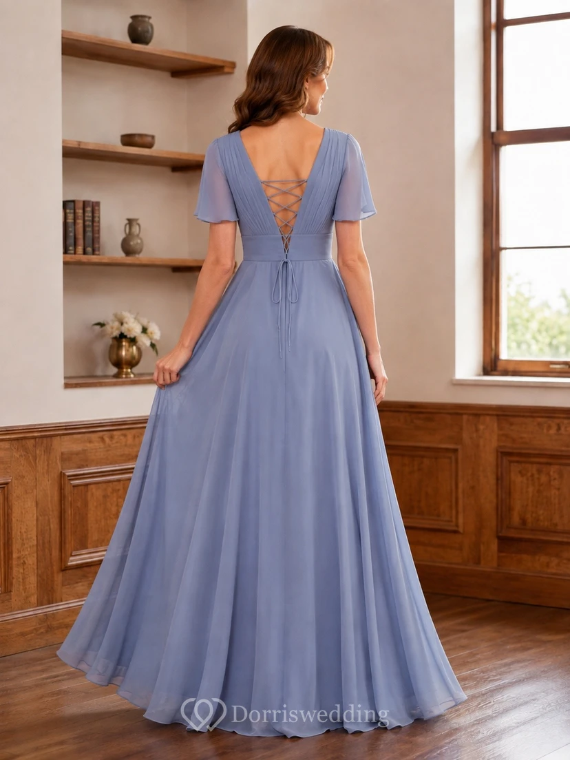 Blue V-Neck Short Sleeve Chiffon A-Line Gown Classic view 2