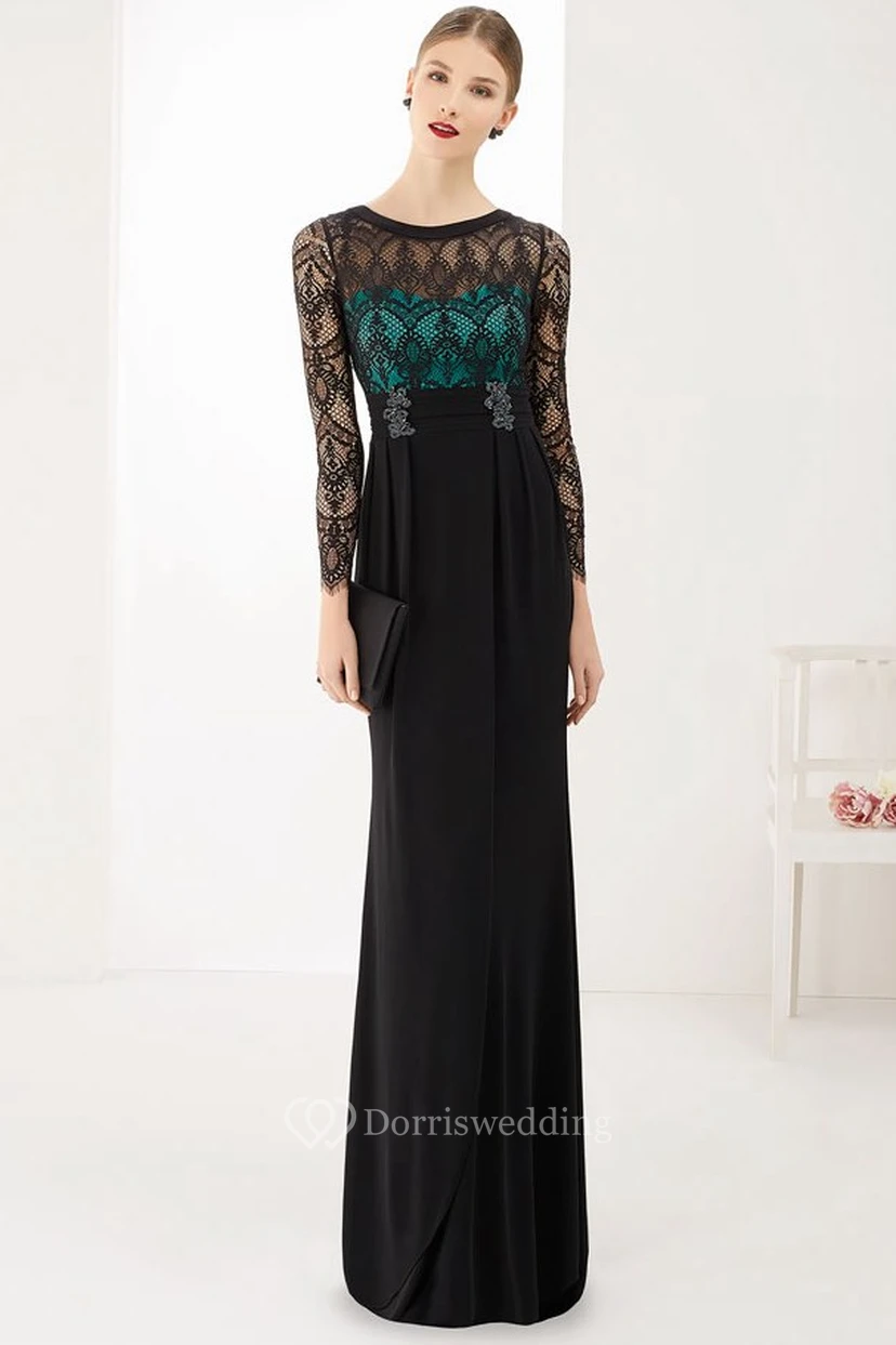 Scoop Neck Long Sleeve Sheath Chiffon Long Prom Dress With Lace Top
