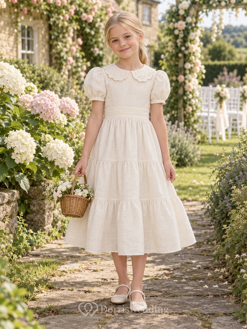 Tea-length Country Vintage Ivory A-line Collared Puff-sleeve Ruffle-hem Flower Girl Dress