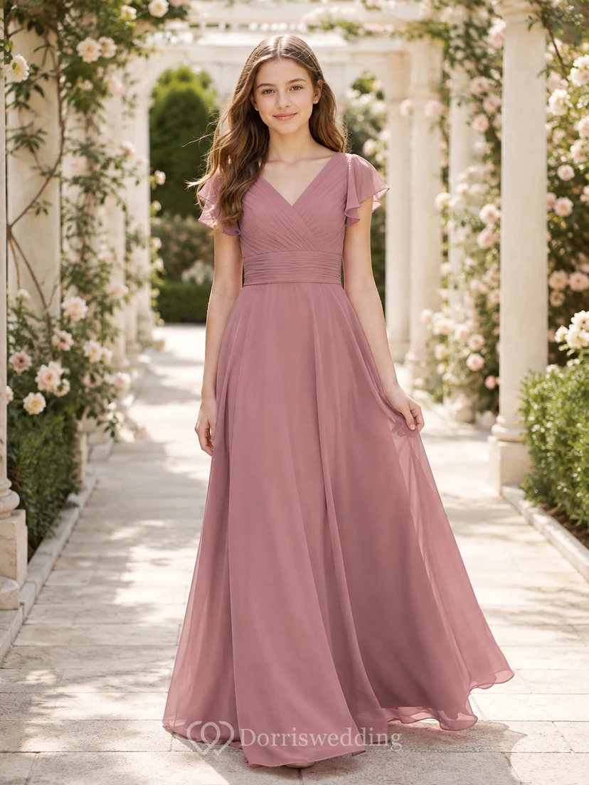Vintage-Brautjungfernkleid in Mauve, A-Linie, V-Ausschnitt, kurze Blütenblattärmel, Chiffon, elegant
