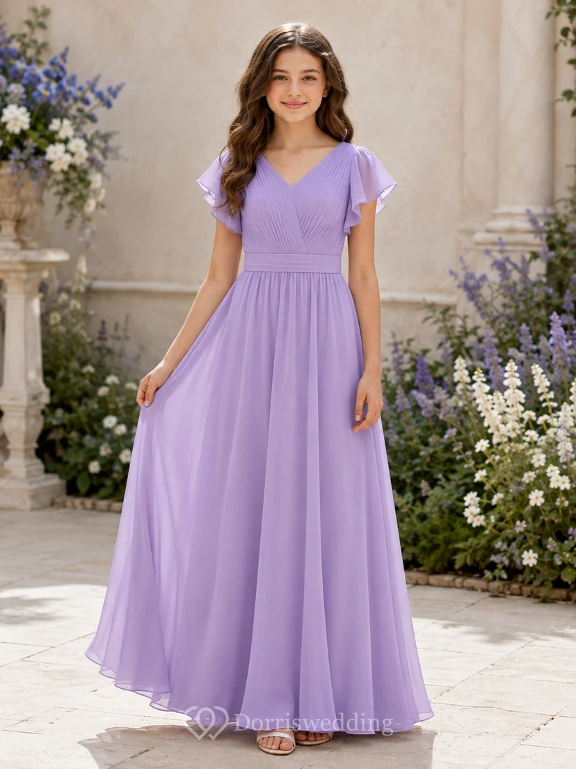 Lavendelfarbenes Brautjungfernkleid für junge Damen, A-Linie, V-Ausschnitt, kurze Ärmel, Rüschen, elegant, formell
