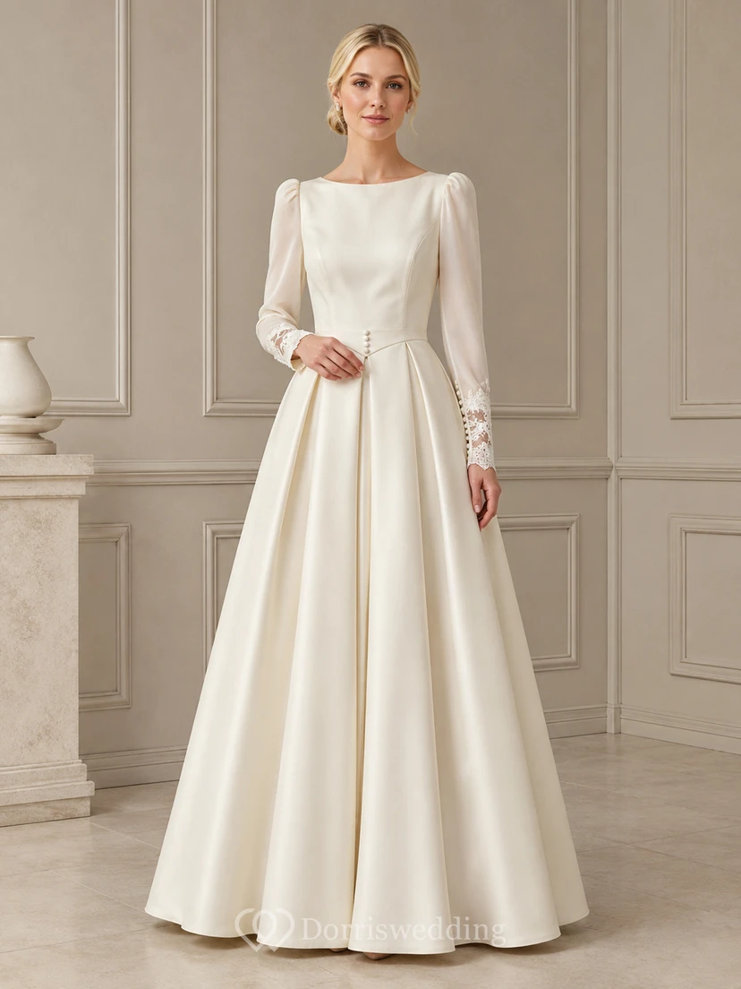 Robe de mariée sobre en satin, coupe trapèze, longueur au sol, décolleté bateau, manches longues, style Quiet Reverence