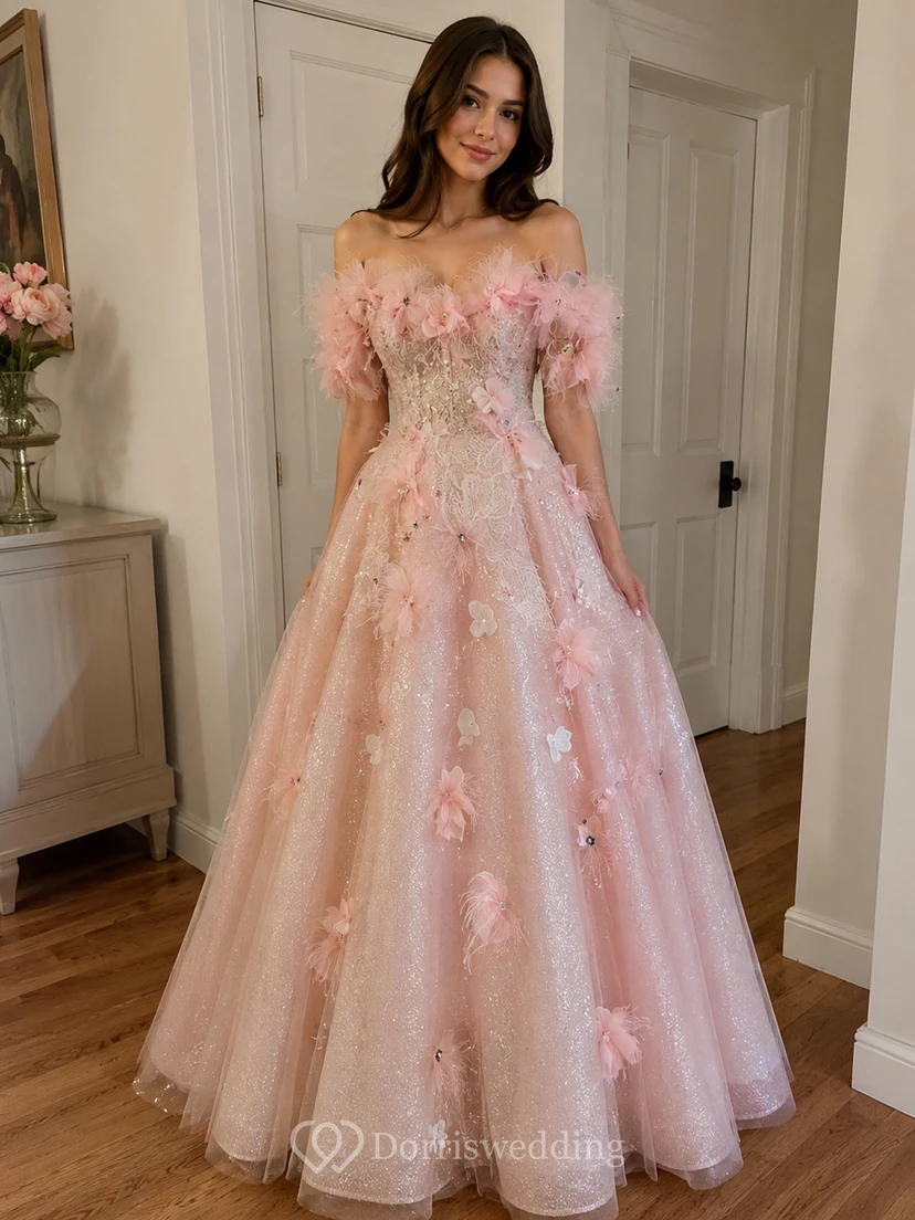 Hellblaues schulterfreies Ballkleid mit Blumenmuster view 9