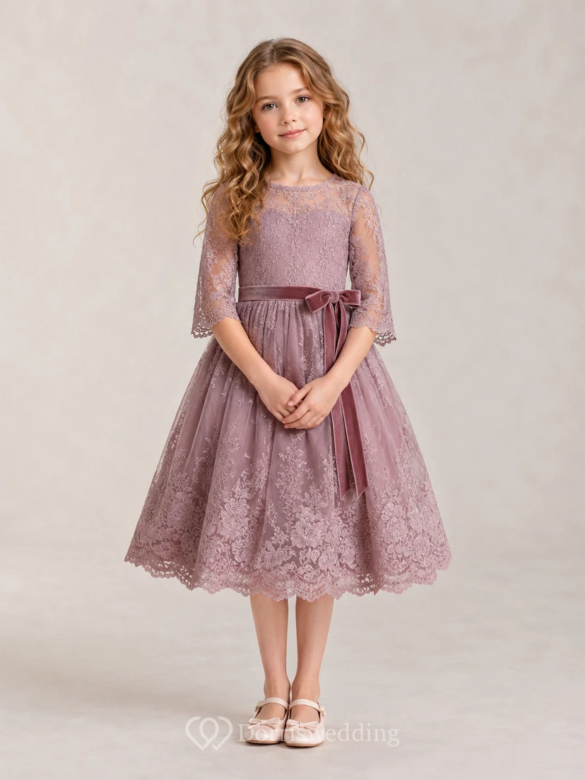 Flower Girl Dress Vintage Mauve Tulle A-Line Jewel Neck Tea Length Pleated