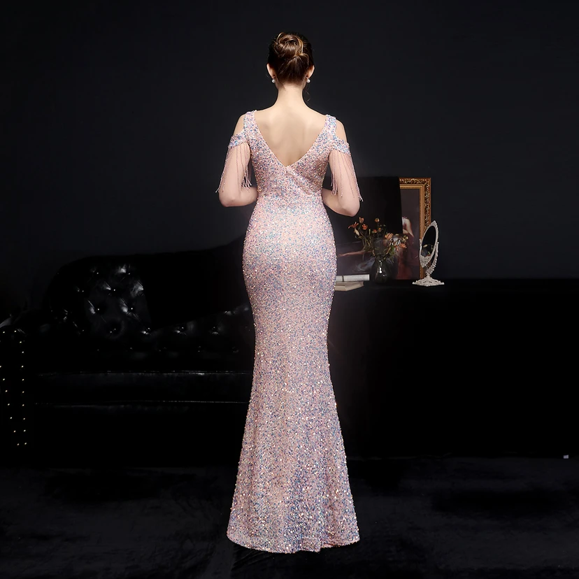 Vestido de novia largo con lentejuelas para banquete, falda ajustada de cola de pez, modelo de coche de boda, vestido de exhibición view 15