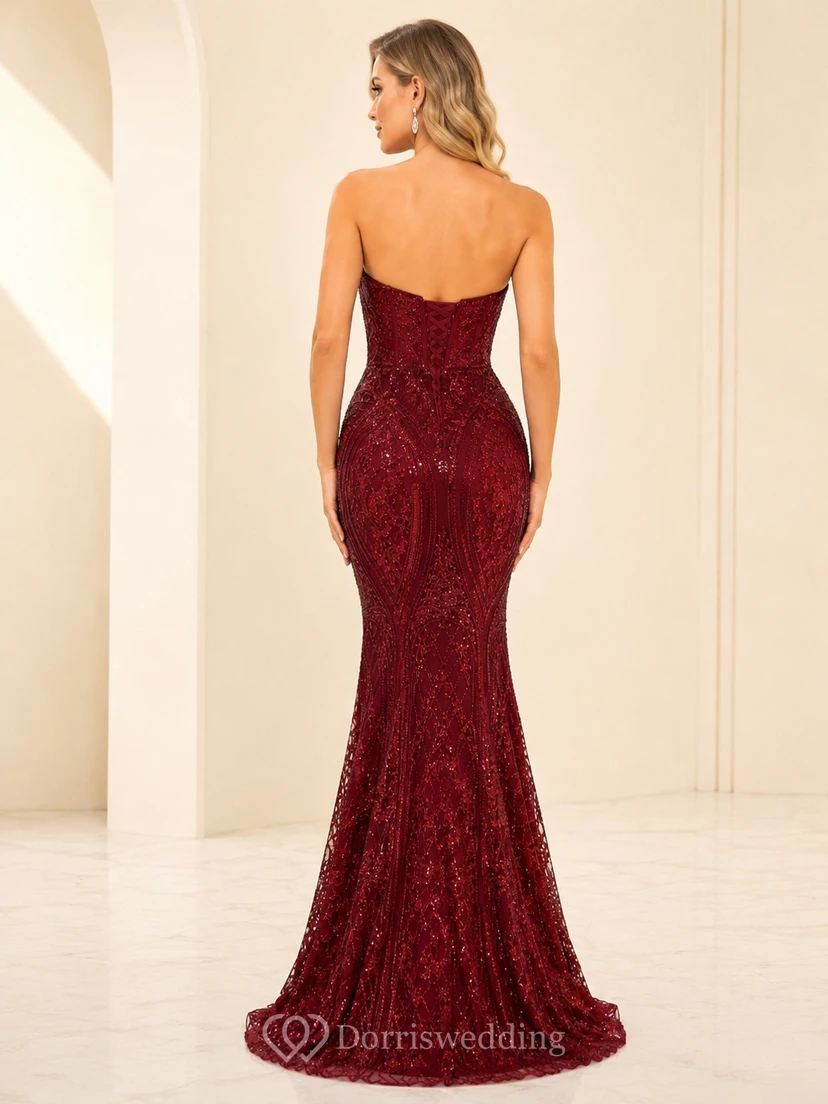 Burgundy Beaded Sequined Strapless Sweetheart Mermaid Floor Length Sweep Train Formal Gown view 2