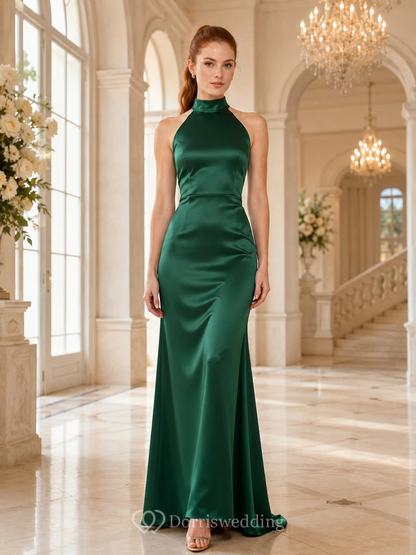Emerald High Neck Halter Satin Opera Opening Gown