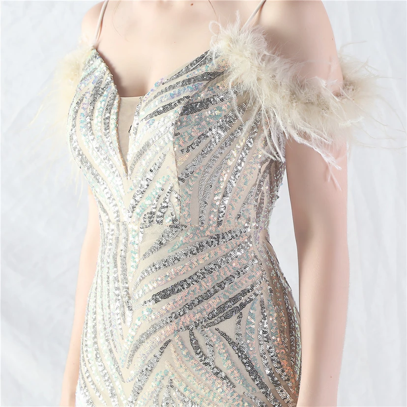 Crafted Ostrich Feather Stacked Sequins Splicing Mesh Gauze High-End Evening Dress Clothes view 79