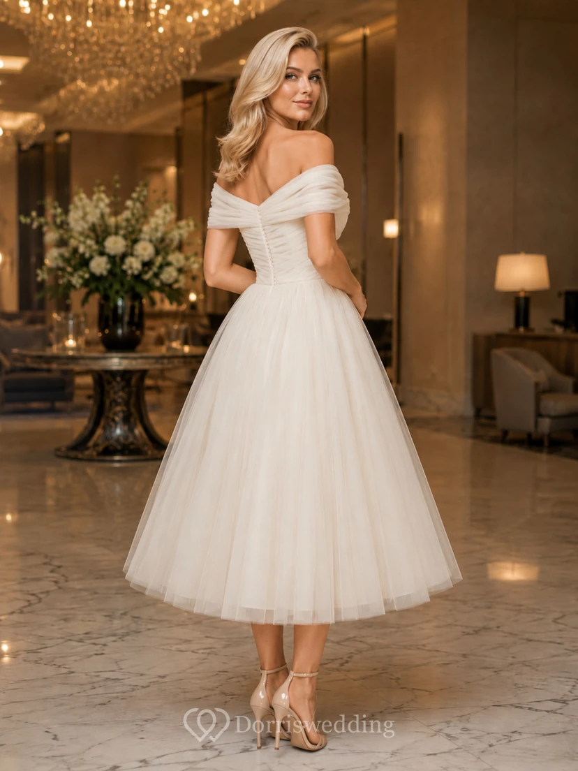 Elfenbeinfarbenes, schulterfreies Tüllkleid in A-Linie mit Herzausschnitt für romantische Cocktailpartys view 2